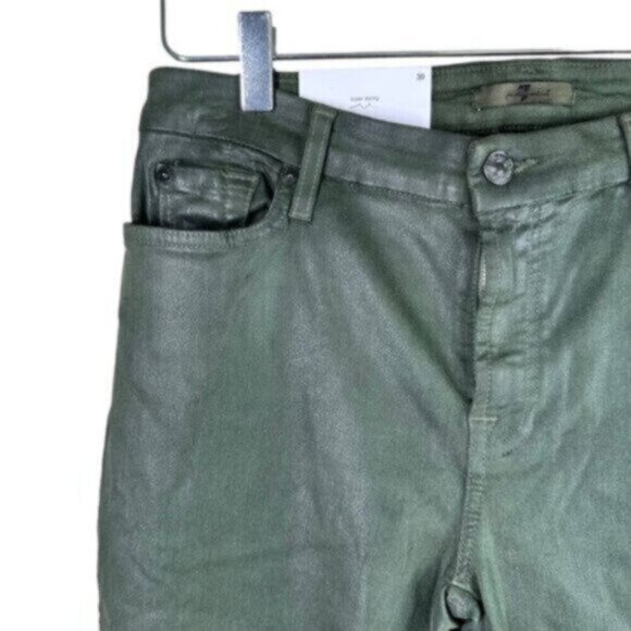 NWT 7 For All Mankind | Olive Green Stretchy Super Skinny Waxy Feel Jean Size 30 - Picture 2 of 7